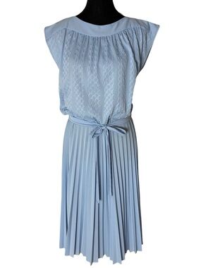 NANCY G Vintage Baby Blue Pleated Midi Dress Tie Belt Retro Large